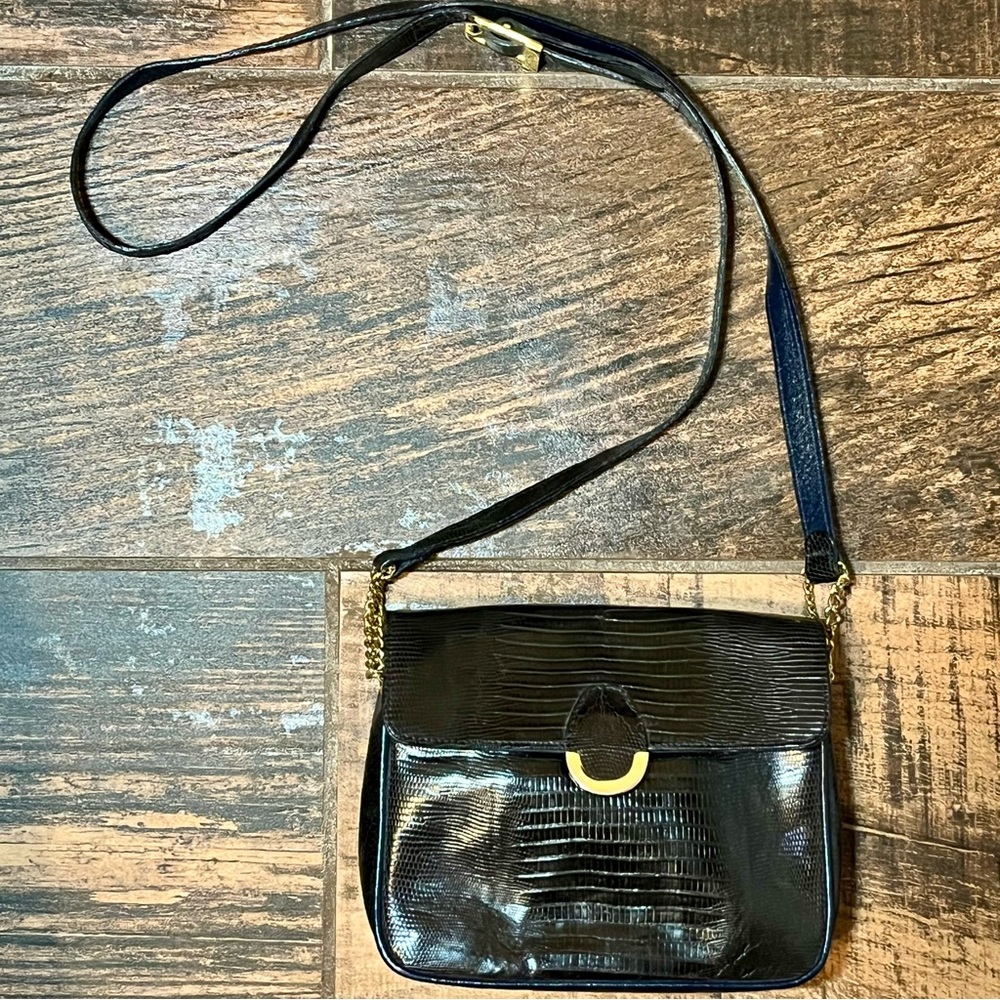 Elegant Genuine Lizard MG Black with Navy Trim Small Crossbody Bag